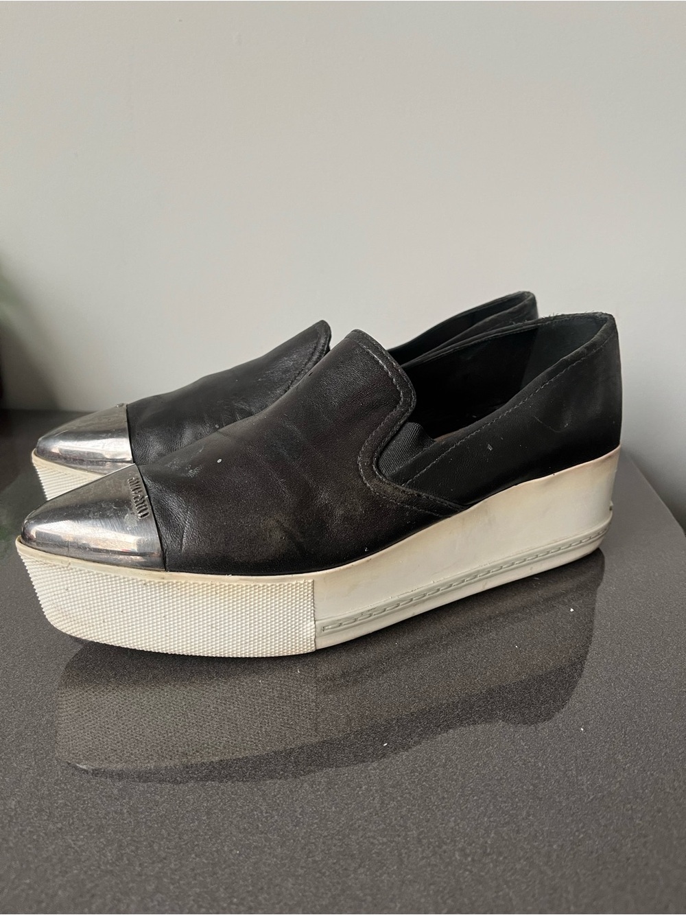 Miu Miu Metal-Cap-Toe Leather Platform Slip-On Sneakers.